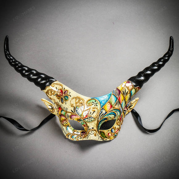 Krampus Black Horn Crackle Animal Devil Party Mask - White Gold - Picture 2 of 10